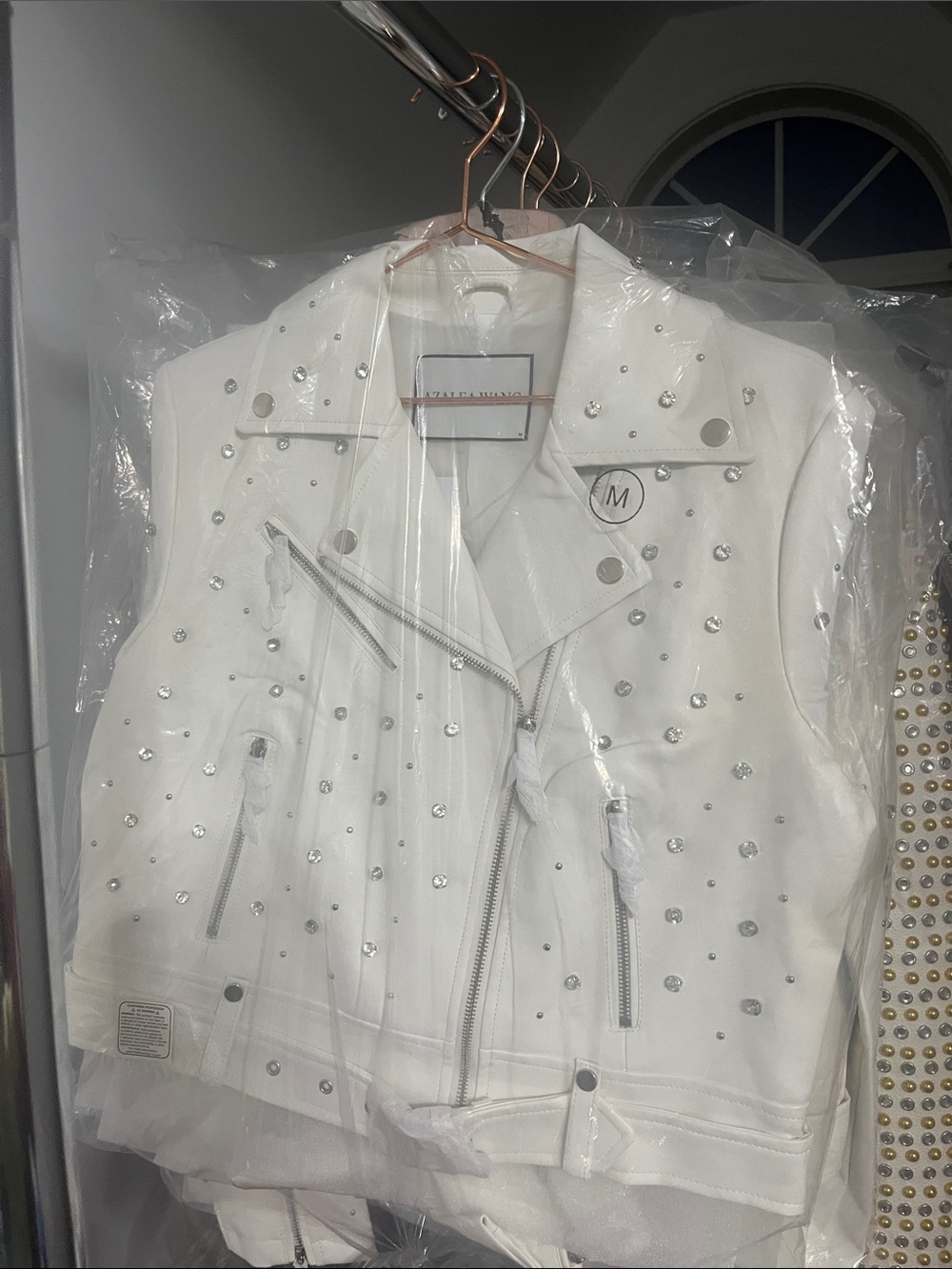 Callie Lives For The Win Azalea Wang White Rhinestone Moto Jacket M XL - Picture 14 of 14
